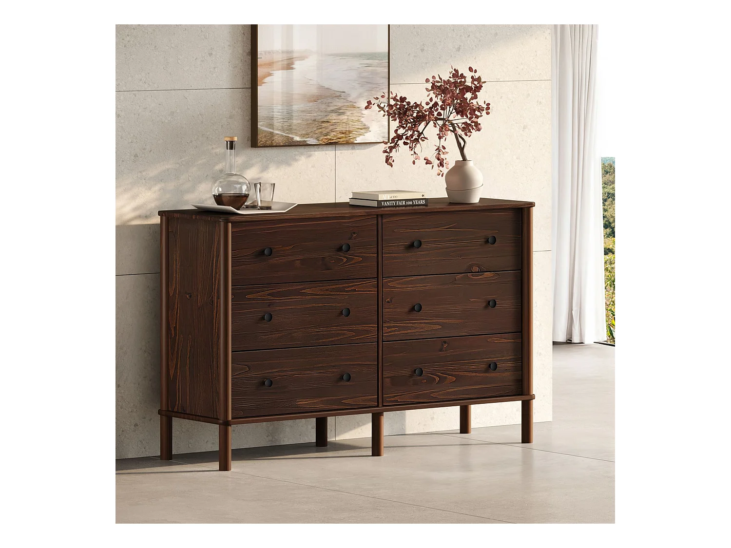 Commode chambre APOANA L 132 cm 6 tiroirs en bois massif coloris noyer, meuble de rangement pour vêtements