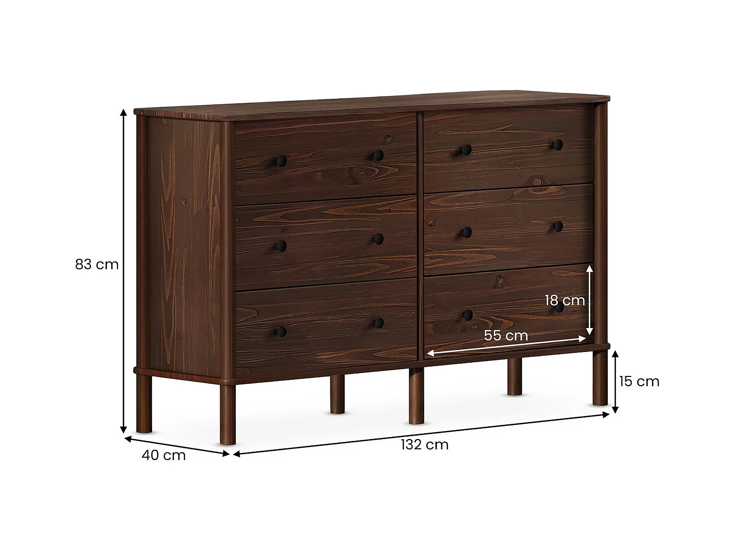 Commode chambre APOANA L 132 cm 6 tiroirs en bois massif coloris noyer, meuble de rangement pour vêtements