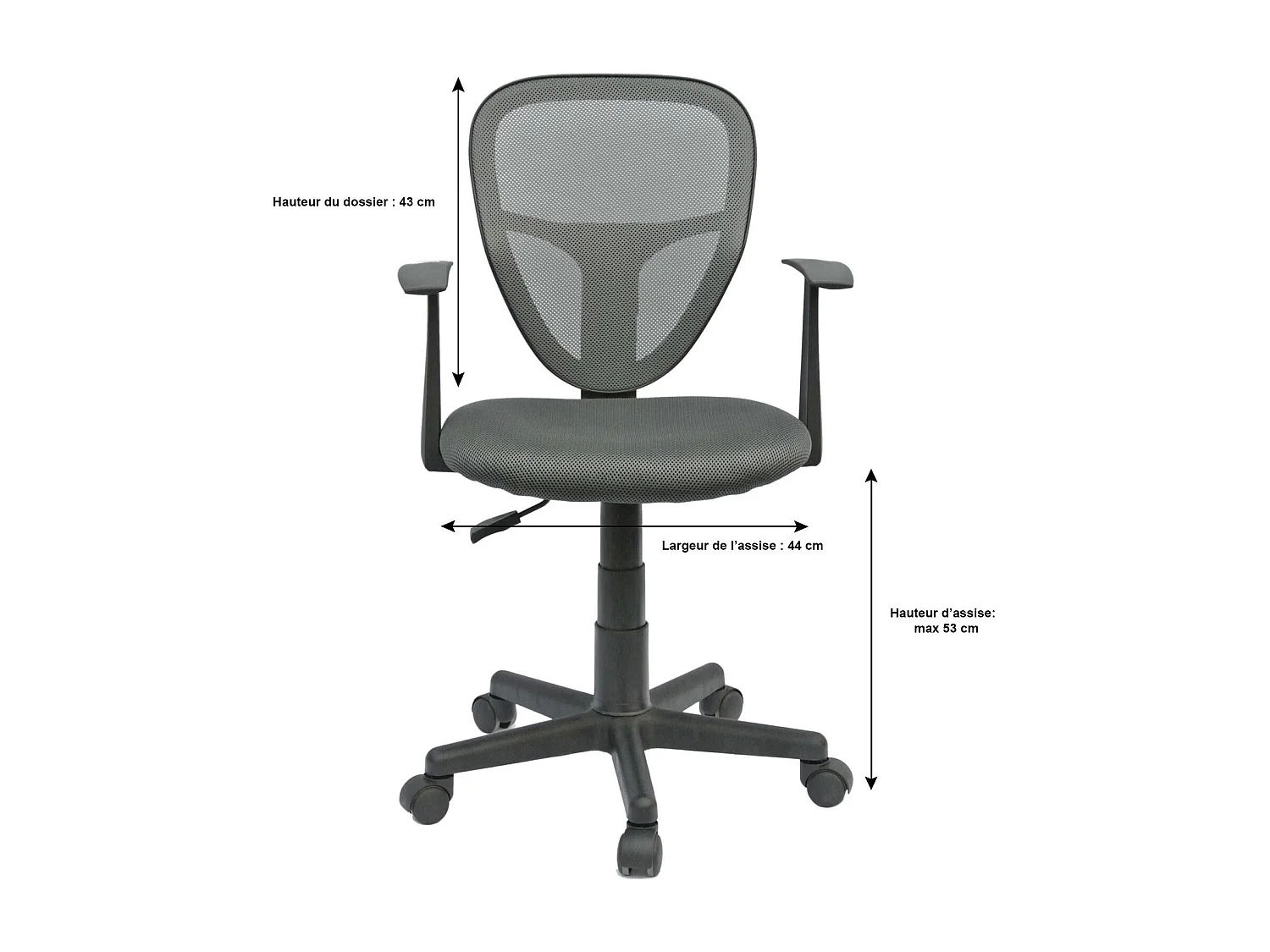 Chaise de bureau pour enfant STUDIO fauteuil pivotant et ergonomique avec accoudoirs, siège à roulettes hauteur réglable, mesh gris