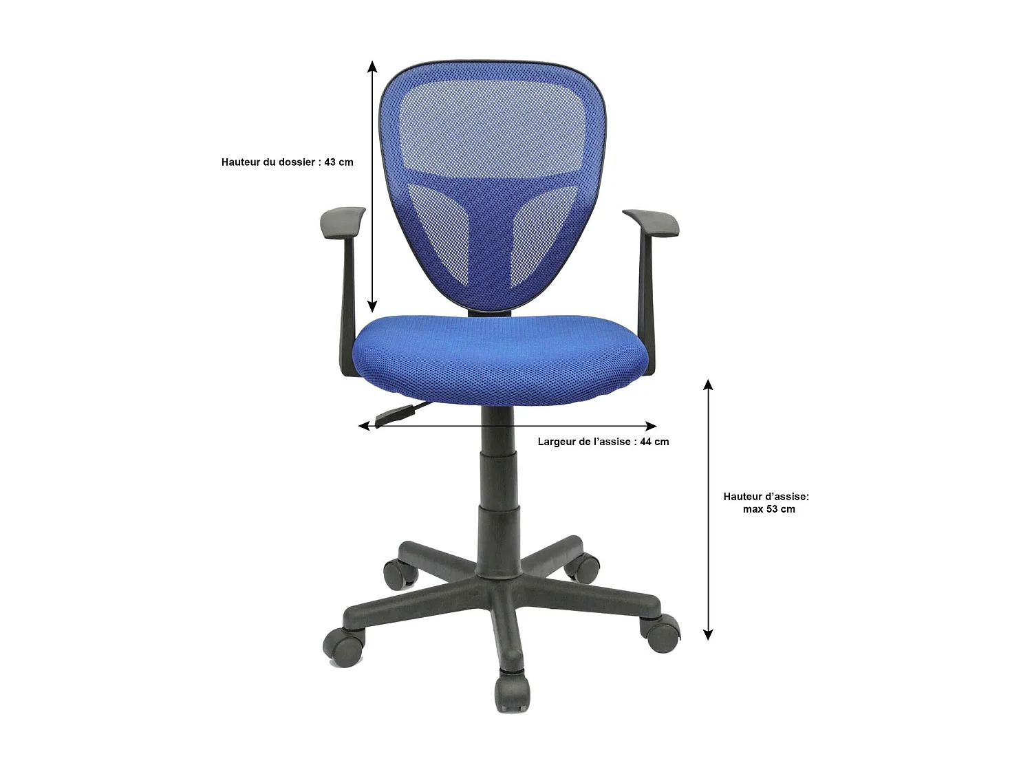 Chaise de bureau pour enfant STUDIO fauteuil pivotant et ergonomique avec accoudoirs, siège à roulettes hauteur réglable, mesh bleu