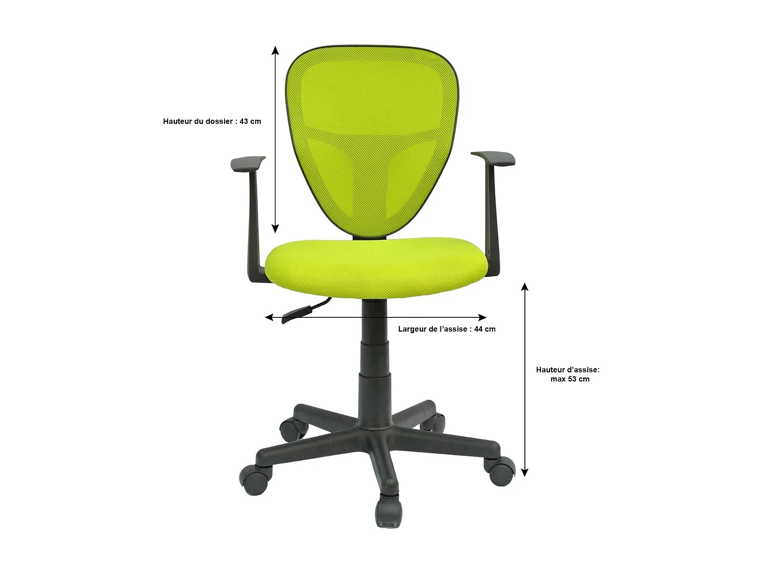 Chaise de bureau pour enfant STUDIO fauteuil pivotant et ergonomique avec accoudoirs, siège à roulettes hauteur réglable, mesh vert