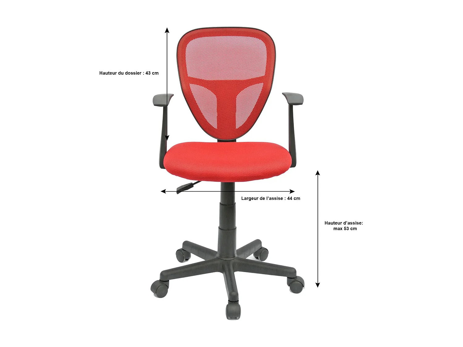 Chaise de bureau pour enfant STUDIO fauteuil pivotant et ergonomique avec accoudoirs, siège à roulettes hauteur réglable, mesh rouge