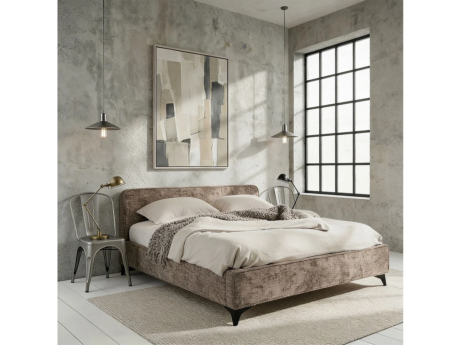 Lit double LEVERDA 140x190 cm, Revêtement en tissu, Lit style moderne pour 2 personnes, Cadre de lit avec sommier inclus, Brun