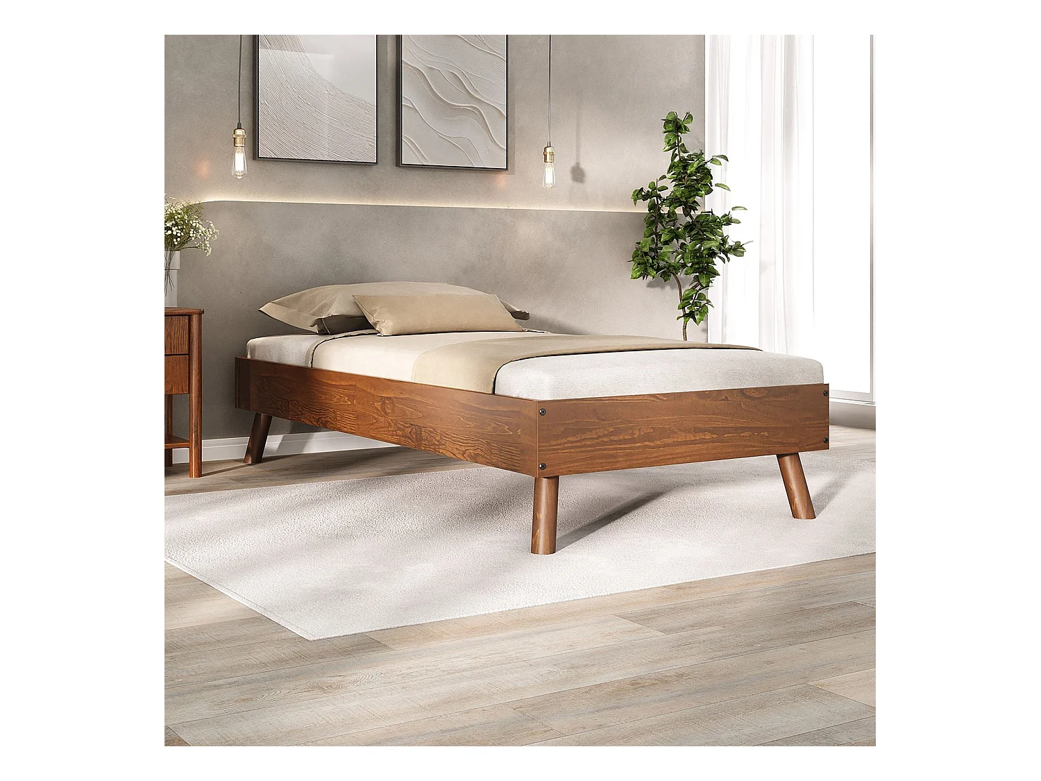 Lit futon KARRI simple pour adulte, 100 x 200 cm, 1 place, en bois massif coloris châtaignier