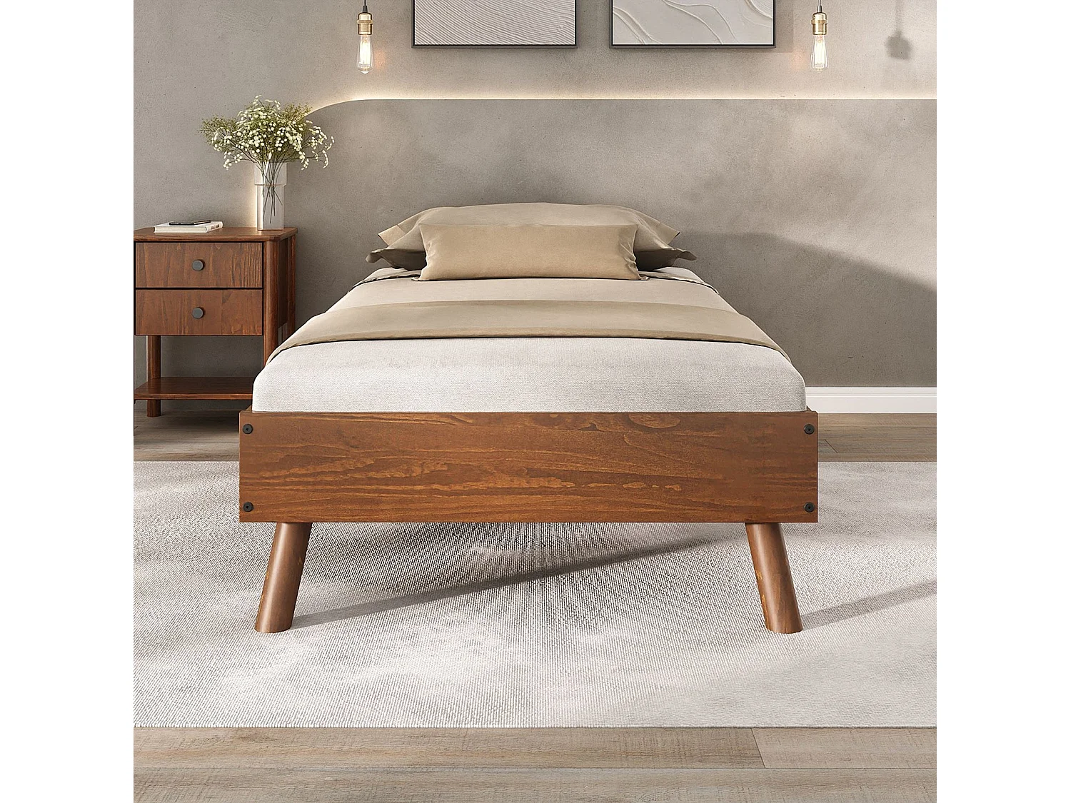 Lit futon KARRI simple pour adulte, 100 x 200 cm, 1 place, en bois massif coloris châtaignier