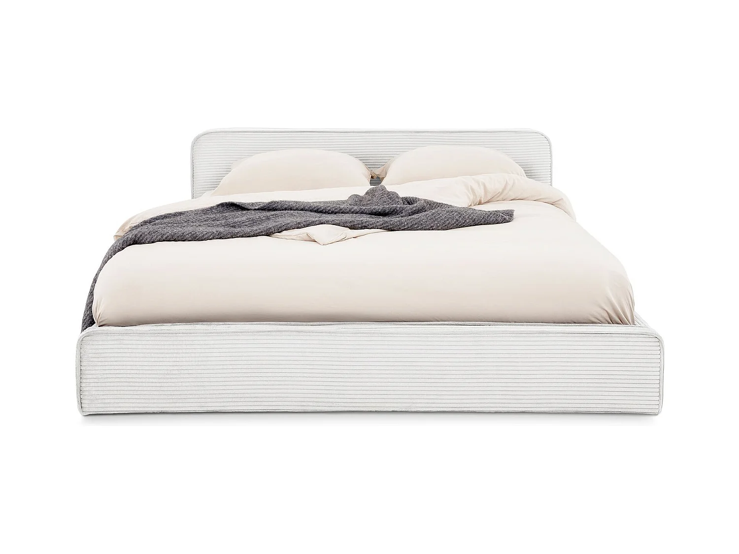 Lit double CURSIO 140x190 cm, Revêtement en tissu velours côtelé Blanc cassé, Lit 2 personnes, Cadre de lit en bois avec sommier