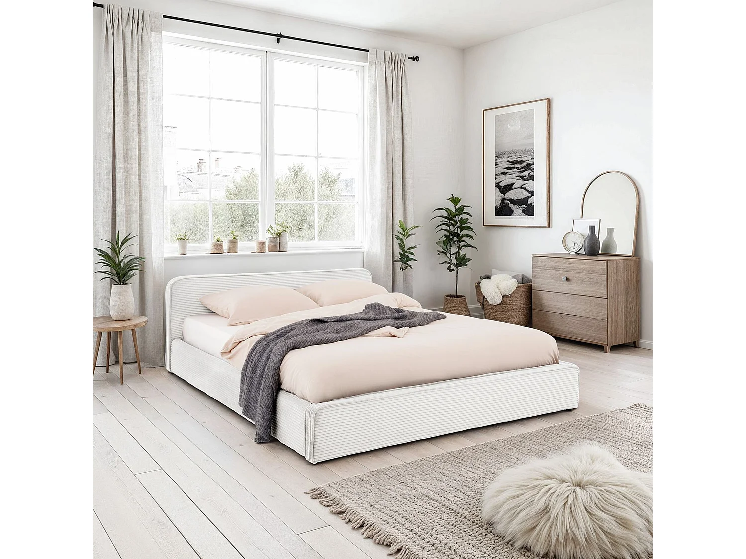 Lit double CURSIO 140x190 cm, Revêtement en tissu velours côtelé Blanc cassé, Lit 2 personnes, Cadre de lit en bois avec sommier