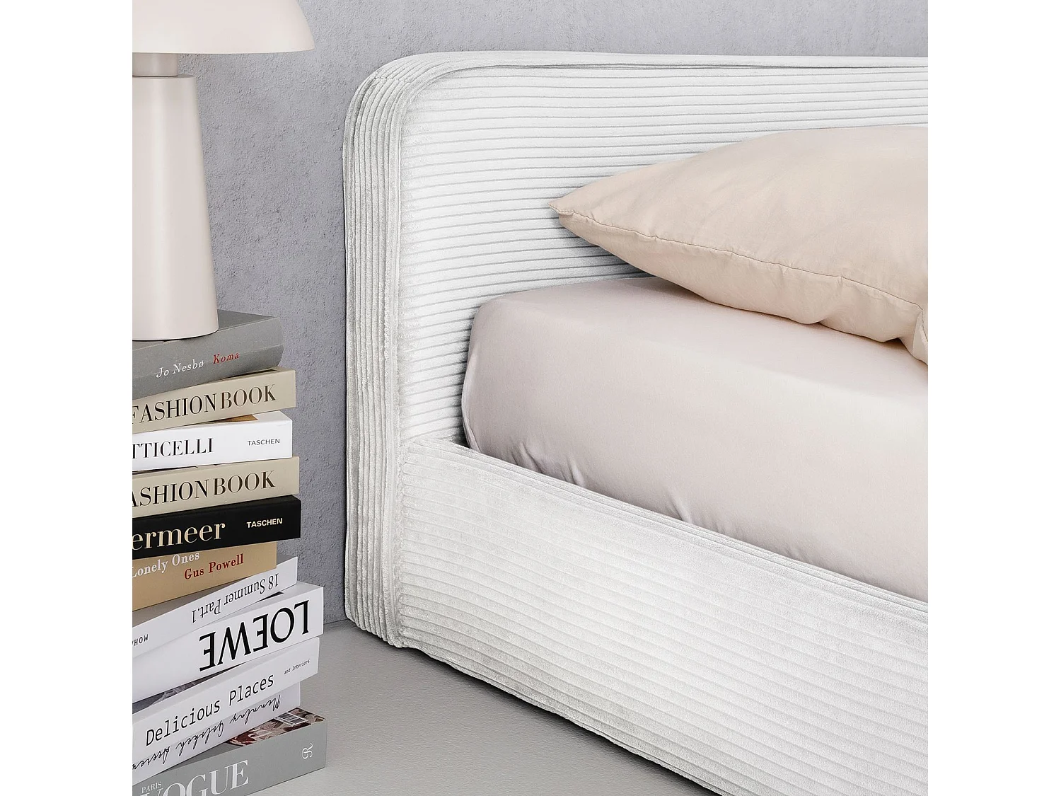 Lit double CURSIO 140x190 cm, Revêtement en tissu velours côtelé Blanc cassé, Lit 2 personnes, Cadre de lit en bois avec sommier