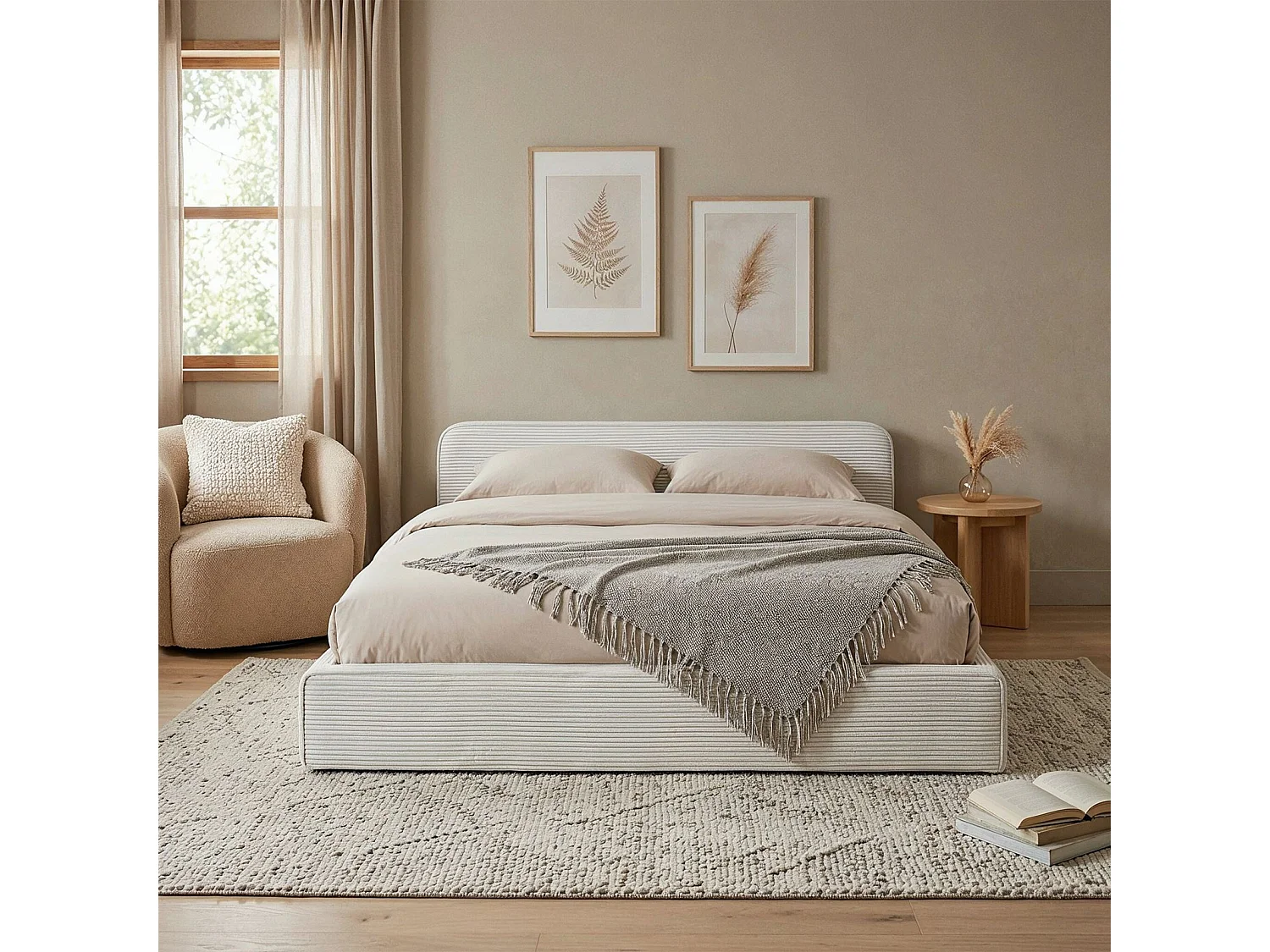 Lit double CURSIO 140x190 cm, Revêtement en tissu velours côtelé Blanc cassé, Lit 2 personnes, Cadre de lit en bois avec sommier