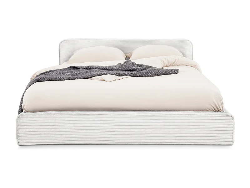 Lit double CURSIO 140x190 cm, Revêtement en tissu velours côtelé Blanc cassé, Lit 2 personnes, Cadre de lit en bois avec sommier