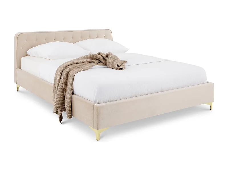 Lit double GLAMOUR couchage 140x190 cm 2 places, revêtement capitonné en velours blanc crème, avec sommier