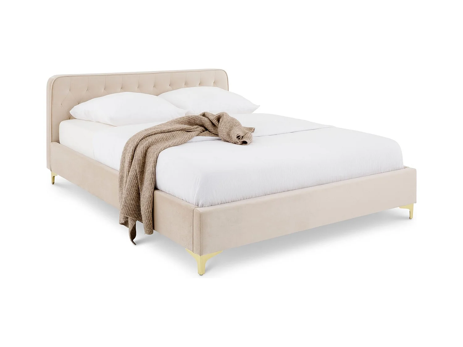 Lit double GLAMOUR couchage 140x190 cm 2 places, revêtement capitonné en velours blanc crème, avec sommier