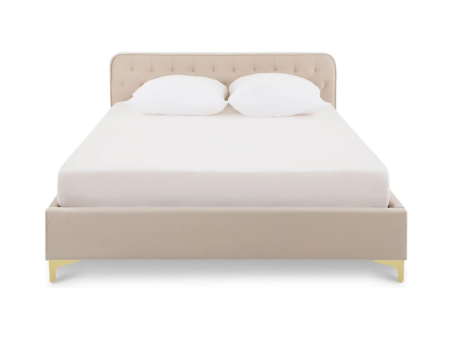 Lit double GLAMOUR couchage 140x190 cm 2 places, revêtement capitonné en velours blanc crème, avec sommier