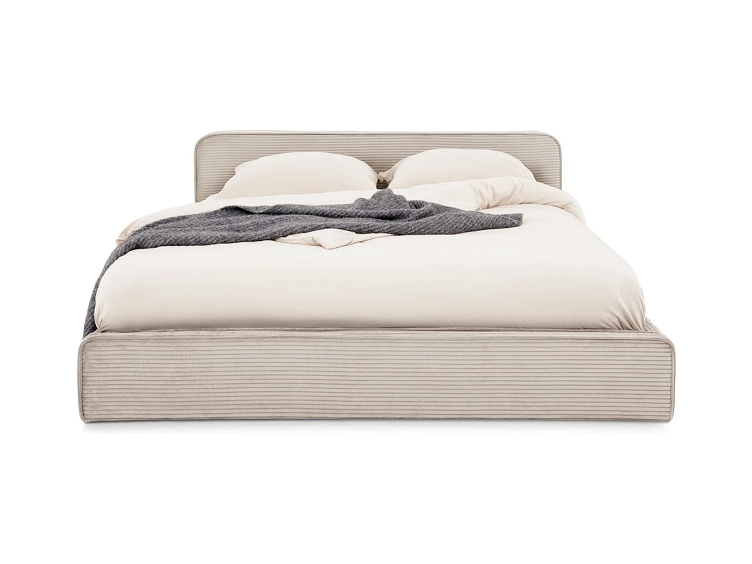 Lit double CURSIO 140x190 cm, Revêtement en tissu velours côtelé Beige, Lit 2 personnes, Cadre de lit en bois avec sommier
