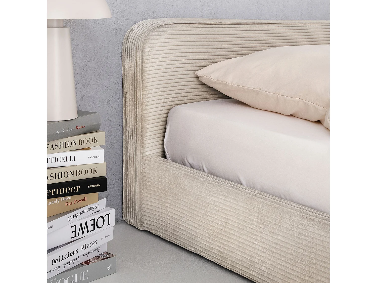 Lit double CURSIO 140x190 cm, Revêtement en tissu velours côtelé Beige, Lit 2 personnes, Cadre de lit en bois avec sommier