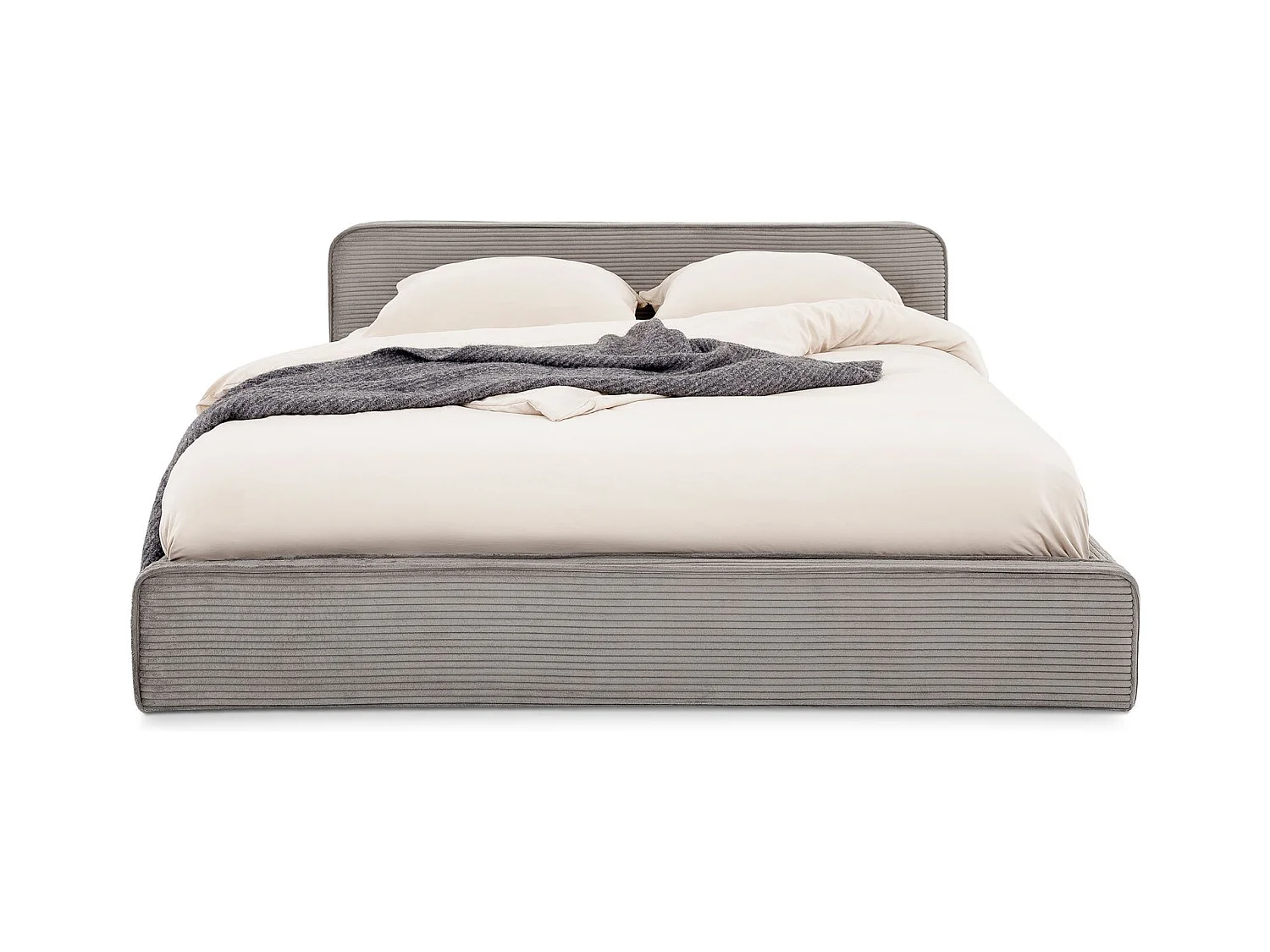 Lit double CURSIO 140x190 cm, Revêtement en tissu velours côtelé Gris, Lit 2 personnes, Cadre de lit en bois avec sommier