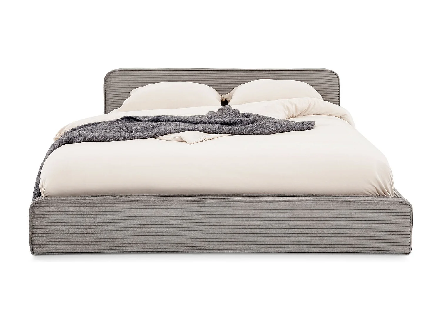 Lit double CURSIO 140x190 cm, Revêtement en tissu velours côtelé Gris, Lit 2 personnes, Cadre de lit en bois avec sommier