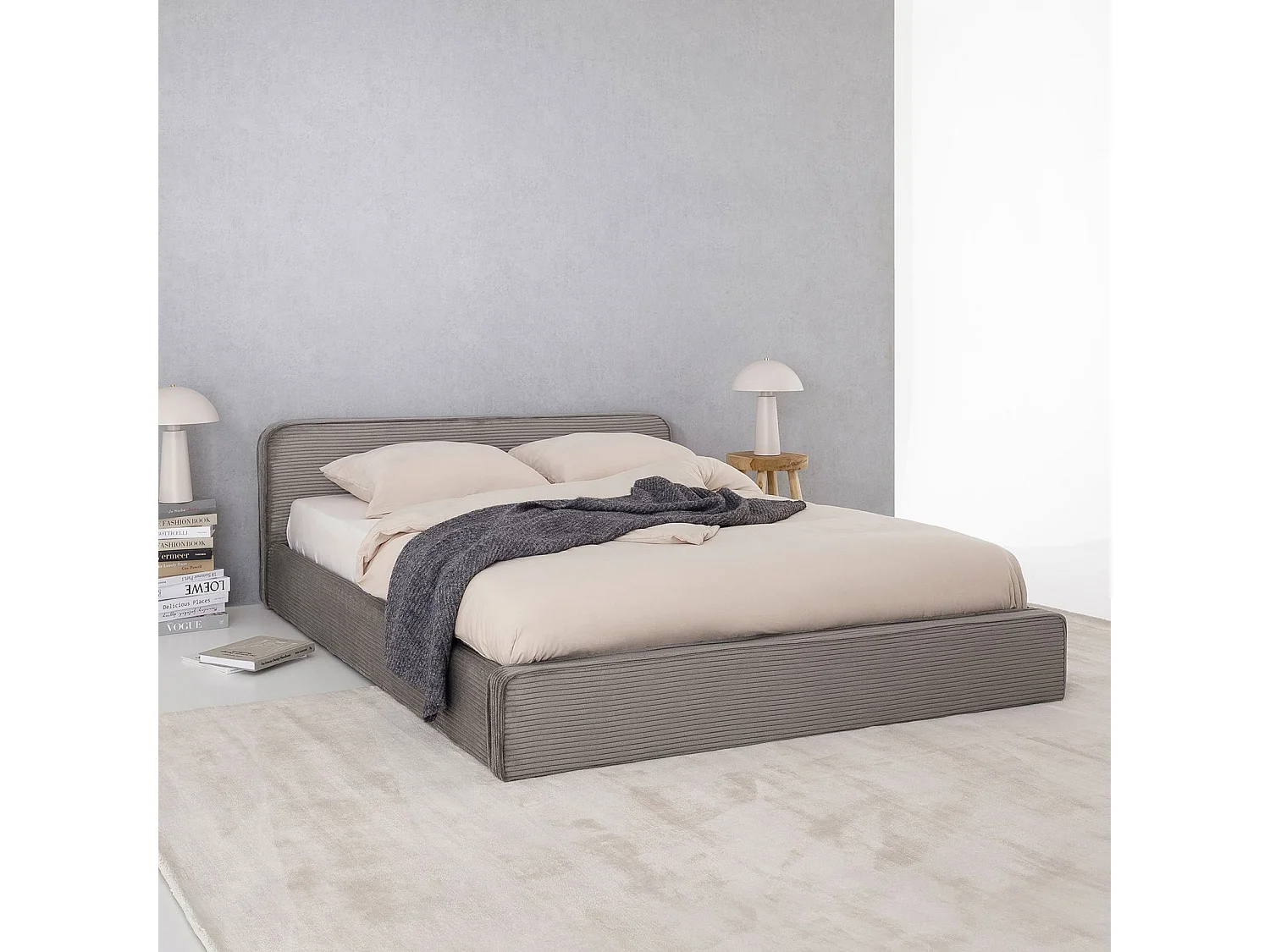 Lit double CURSIO 140x190 cm, Revêtement en tissu velours côtelé Gris, Lit 2 personnes, Cadre de lit en bois avec sommier