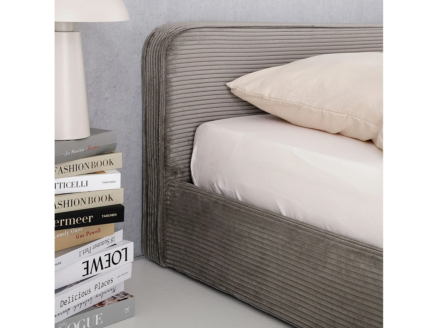 Lit double CURSIO 140x190 cm, Revêtement en tissu velours côtelé Gris, Lit 2 personnes, Cadre de lit en bois avec sommier