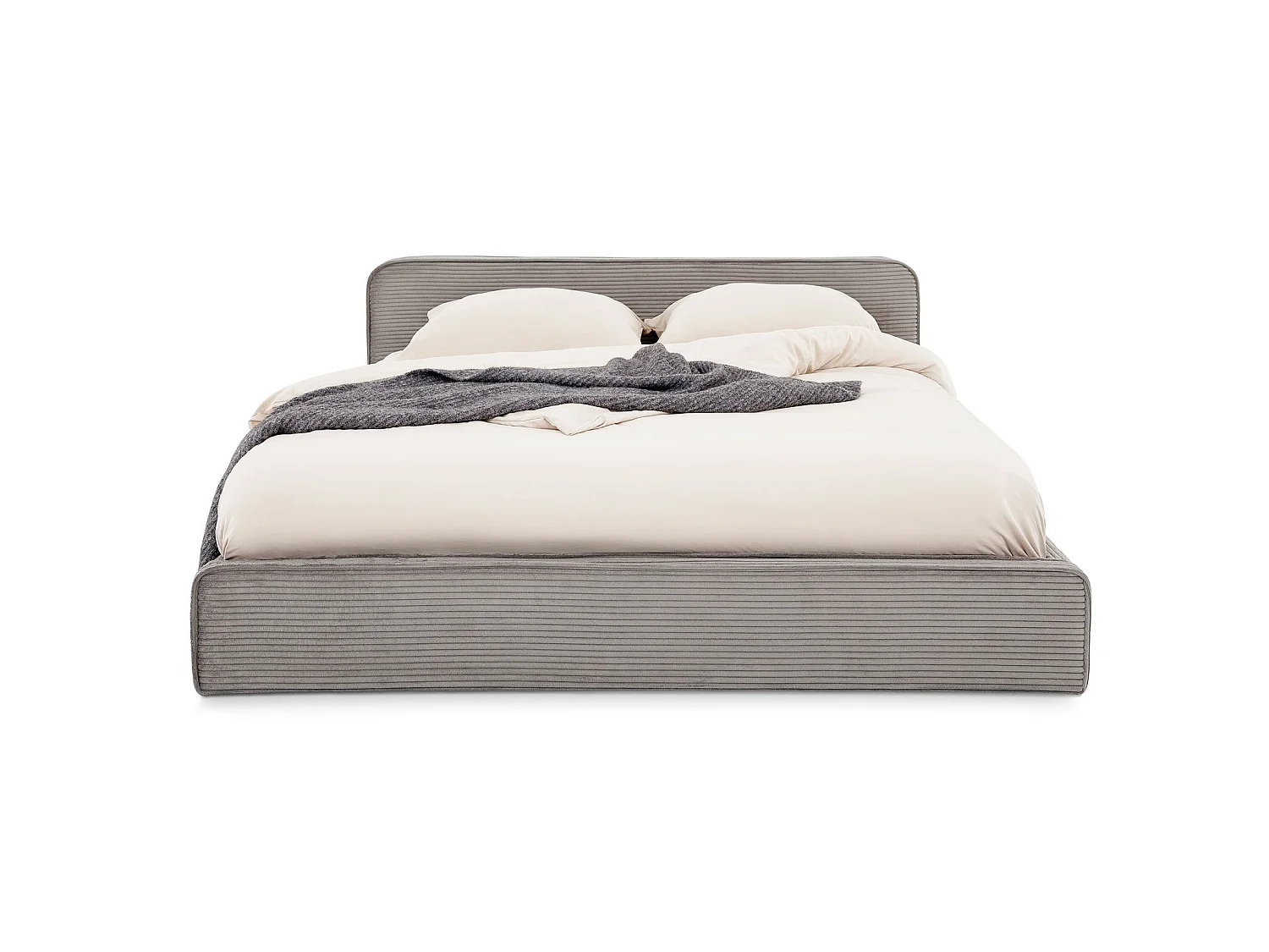 Lit double CURSIO 140x190 cm, Revêtement en tissu velours côtelé Gris, Lit 2 personnes, Cadre de lit en bois avec sommier