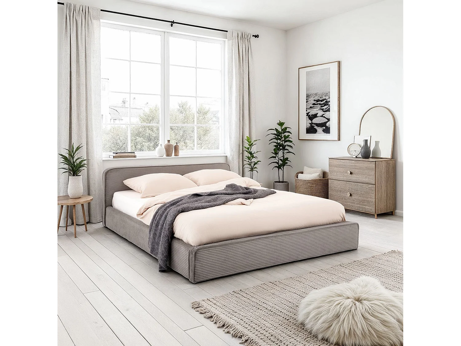 Lit double CURSIO 140x190 cm, Revêtement en tissu velours côtelé Gris, Lit 2 personnes, Cadre de lit en bois avec sommier