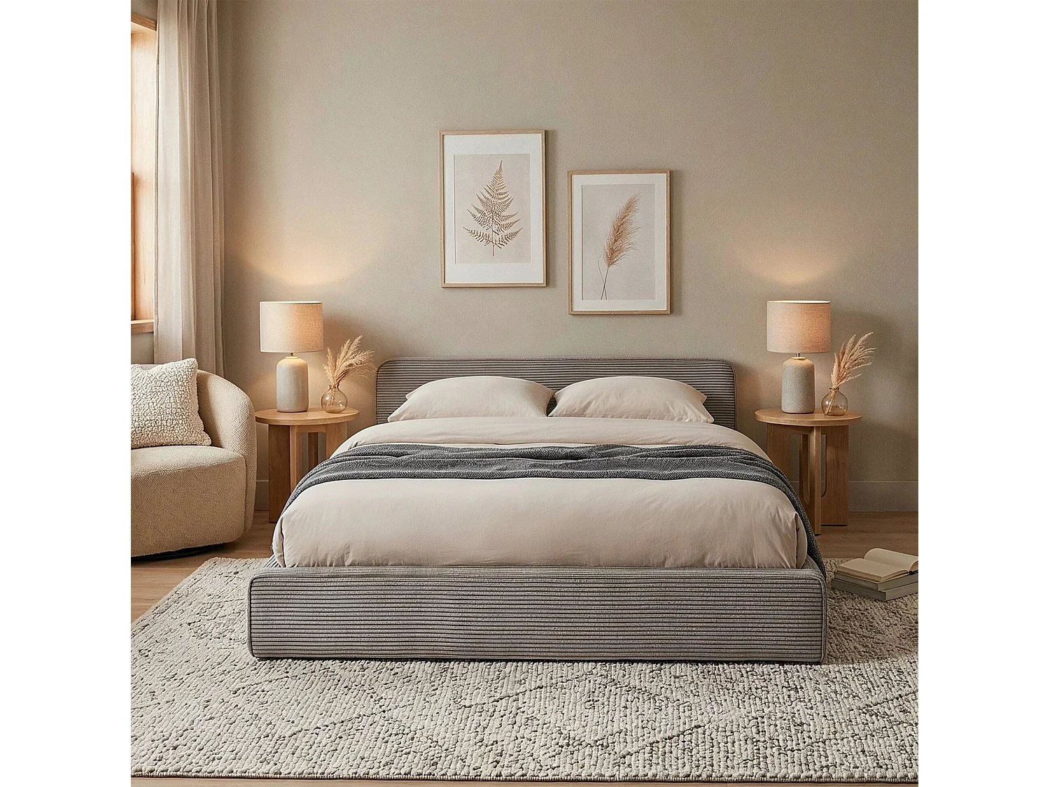 Lit double CURSIO 140x190 cm, Revêtement en tissu velours côtelé Gris, Lit 2 personnes, Cadre de lit en bois avec sommier