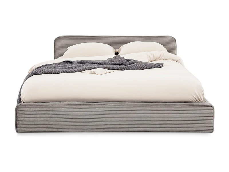 Lit double CURSIO 140x190 cm, Revêtement en tissu velours côtelé Gris, Lit 2 personnes, Cadre de lit en bois avec sommier