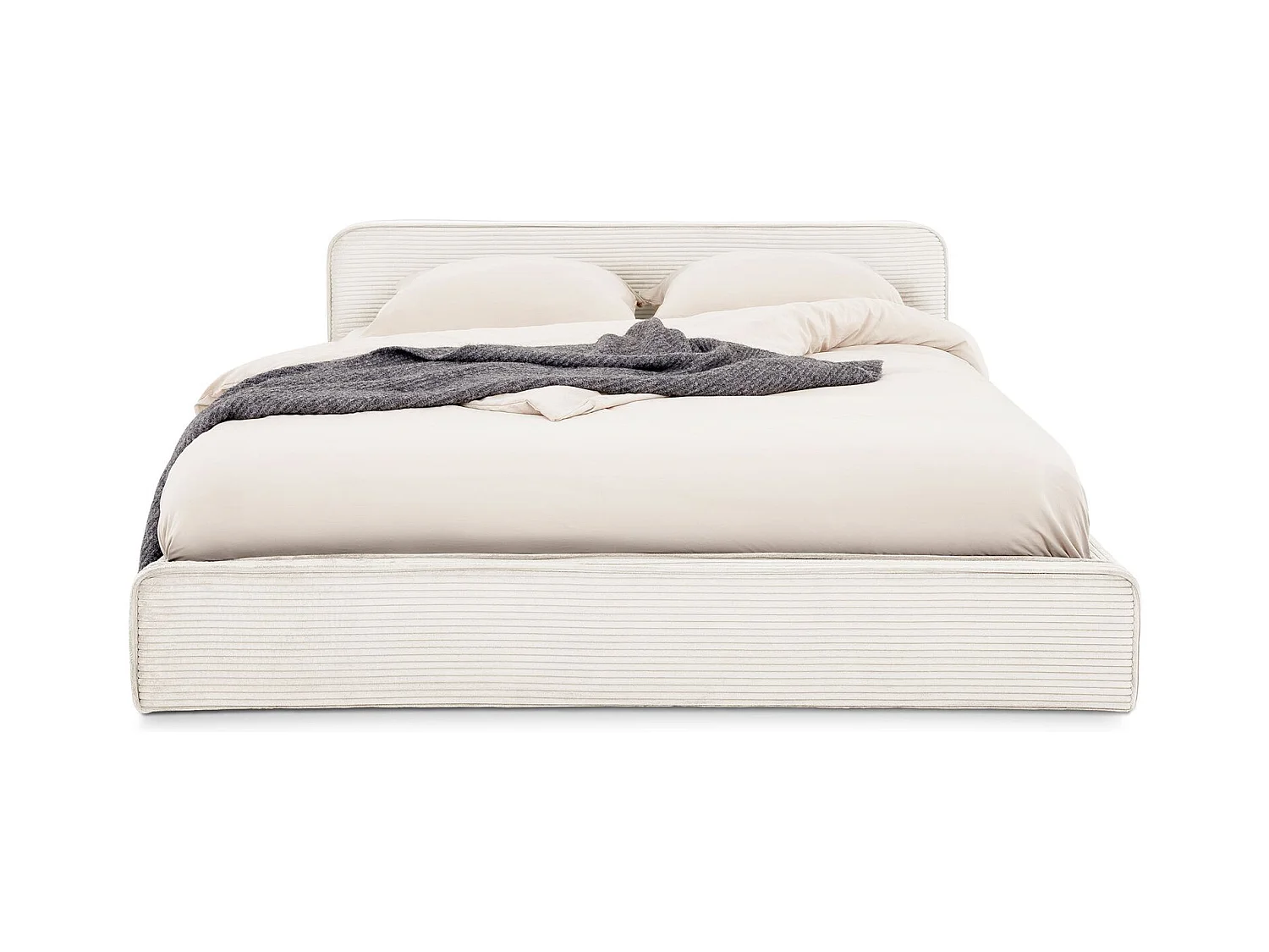 Lit double CURSIO 140x190 cm, Revêtement en tissu velours côtelé Blanc crème, Lit 2 personnes, Cadre de lit en bois avec sommier