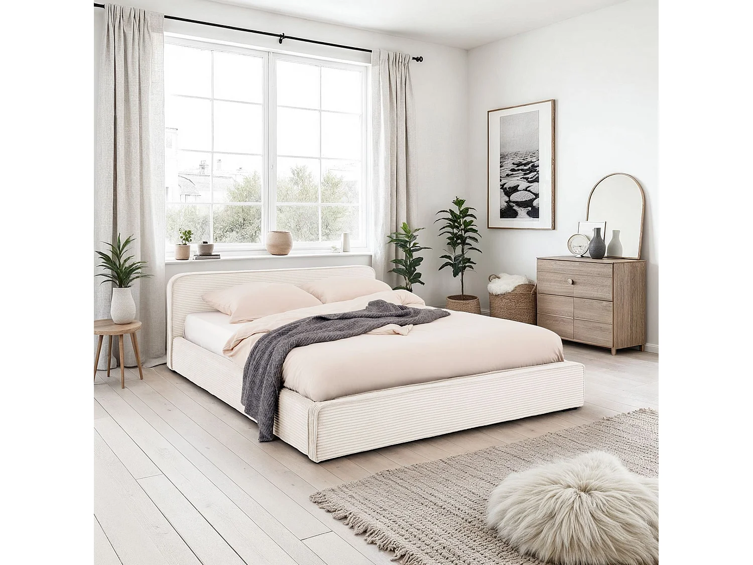 Lit double CURSIO 140x190 cm, Revêtement en tissu velours côtelé Blanc crème, Lit 2 personnes, Cadre de lit en bois avec sommier