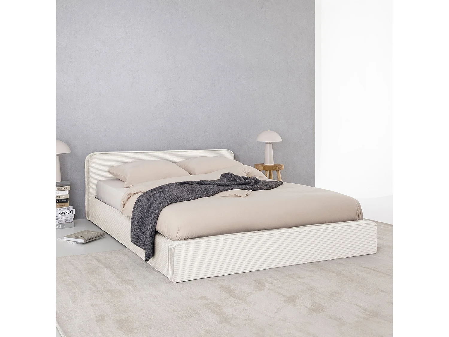 Lit double CURSIO 140x190 cm, Revêtement en tissu velours côtelé Blanc crème, Lit 2 personnes, Cadre de lit en bois avec sommier