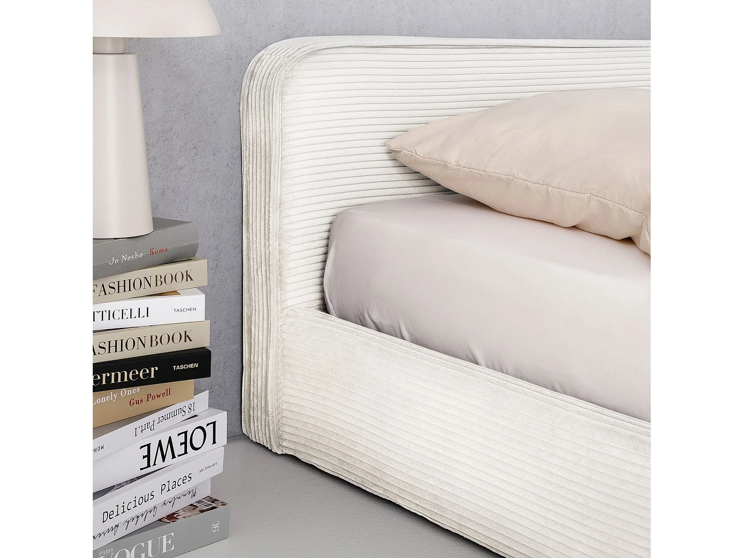 Lit double CURSIO 140x190 cm, Revêtement en tissu velours côtelé Blanc crème, Lit 2 personnes, Cadre de lit en bois avec sommier