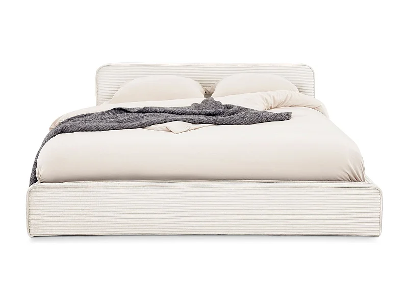 Lit double CURSIO 140x190 cm, Revêtement en tissu velours côtelé Blanc crème, Lit 2 personnes, Cadre de lit en bois avec sommier