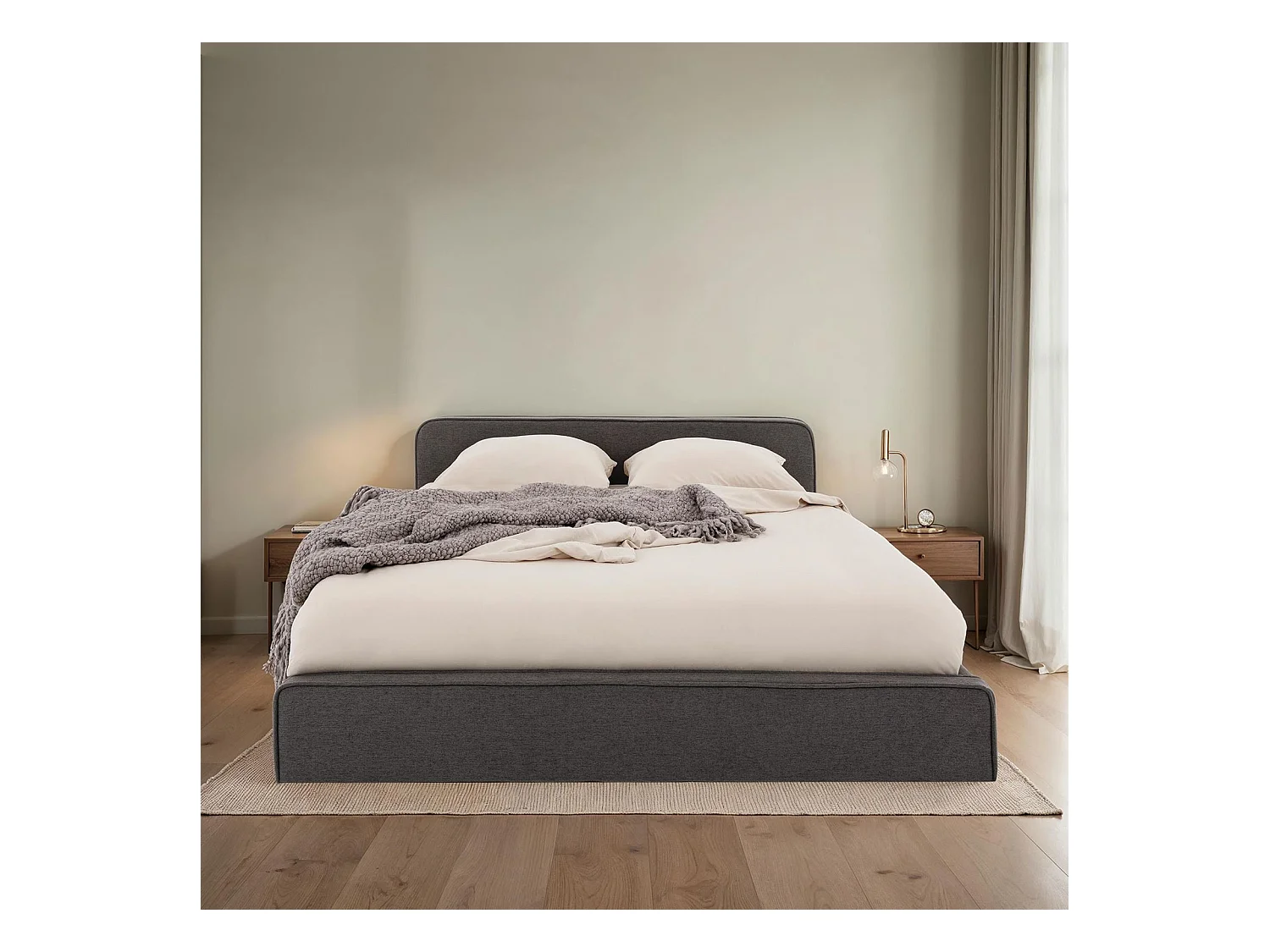 Lit double BELARTI 140x190 cm, Revêtement en tissu Gris foncé, Lit style moderne pour 2 personnes, Cadre avec sommier inclus