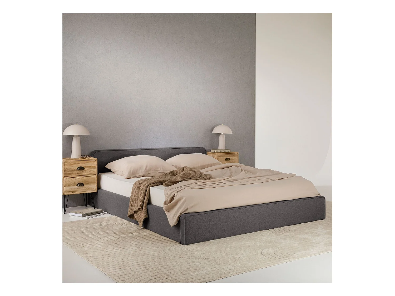 Lit double BELARTI 140x190 cm, Revêtement en tissu Gris foncé, Lit style moderne pour 2 personnes, Cadre avec sommier inclus