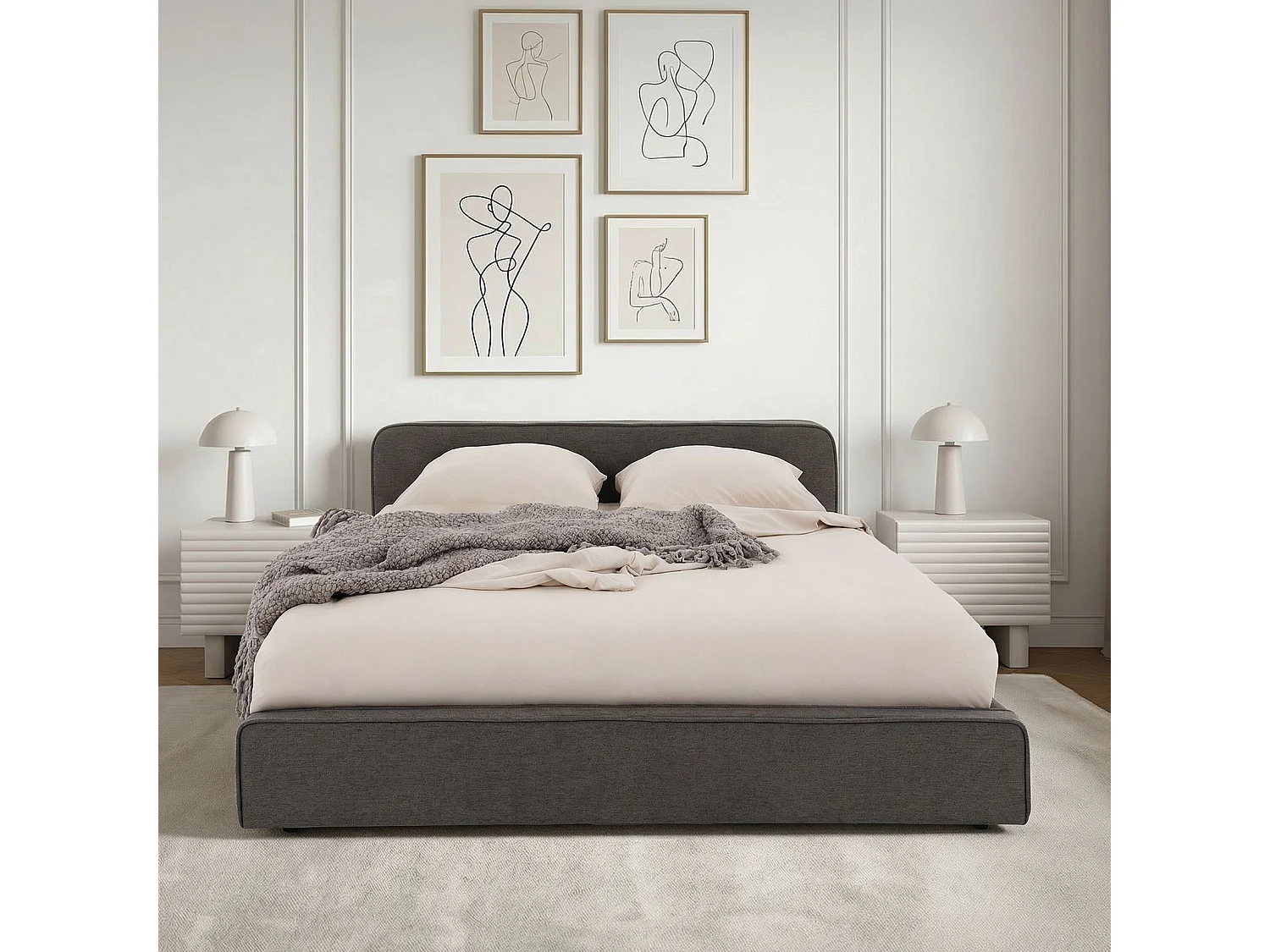 Lit double BELARTI 140x190 cm rembourré, Revêtement en tissu Gris foncé, Lit style moderne pour 2 personnes, sommier inclus