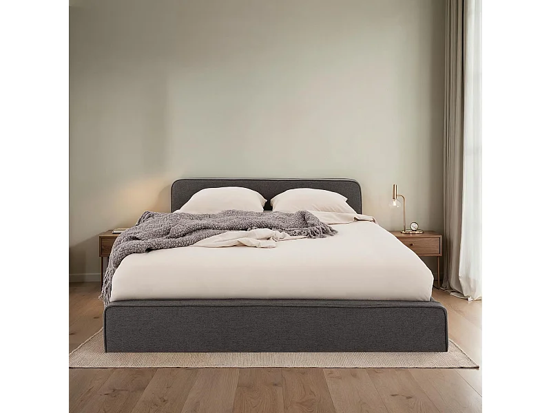 Lit double BELARTI 140x190 cm, Revêtement en tissu Gris foncé, Lit style moderne pour 2 personnes, Cadre avec sommier inclus