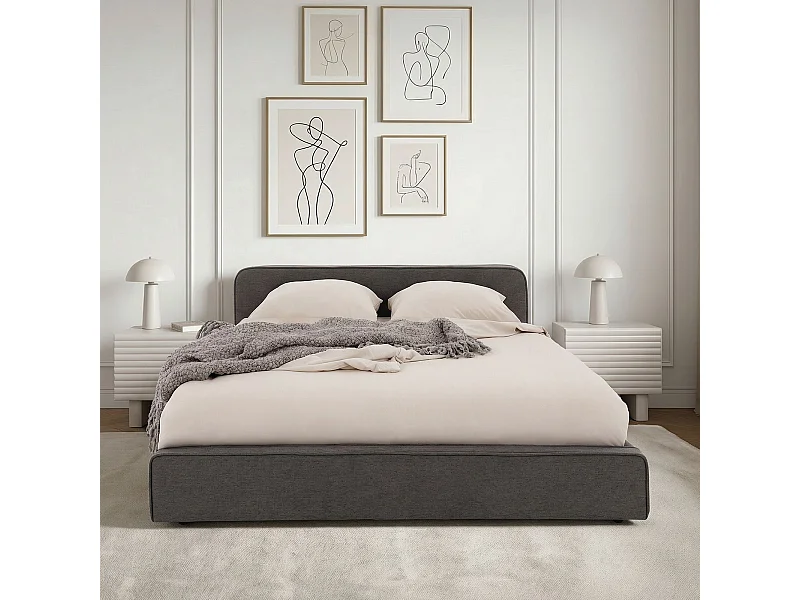 Lit double BELARTI 140x190 cm rembourré, Revêtement en tissu Gris foncé, Lit style moderne pour 2 personnes, sommier inclus