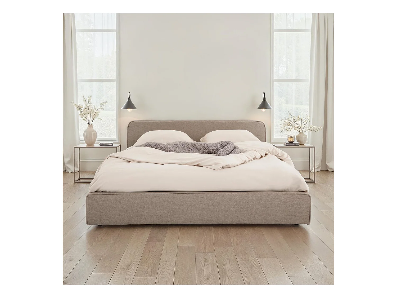 Lit double BELARTI 140x190 cm, Revêtement en tissu Grège, Lit style moderne pour 2 personnes, Cadre avec sommier inclus