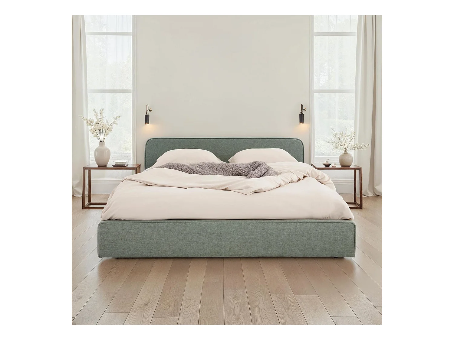 Lit double BELARTI 140x190 cm, Revêtement en Tissu Vert, Lit style moderne pour 2 personnes, Cadre de lit avec sommier inclus