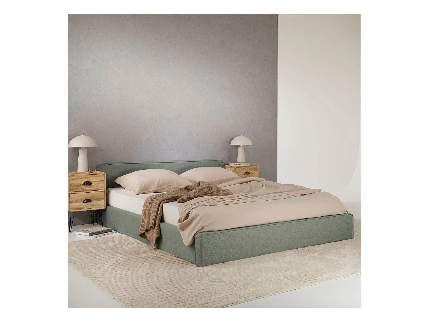 Lit double BELARTI 140x190 cm, Revêtement en Tissu Vert, Lit style moderne pour 2 personnes, Cadre de lit avec sommier inclus