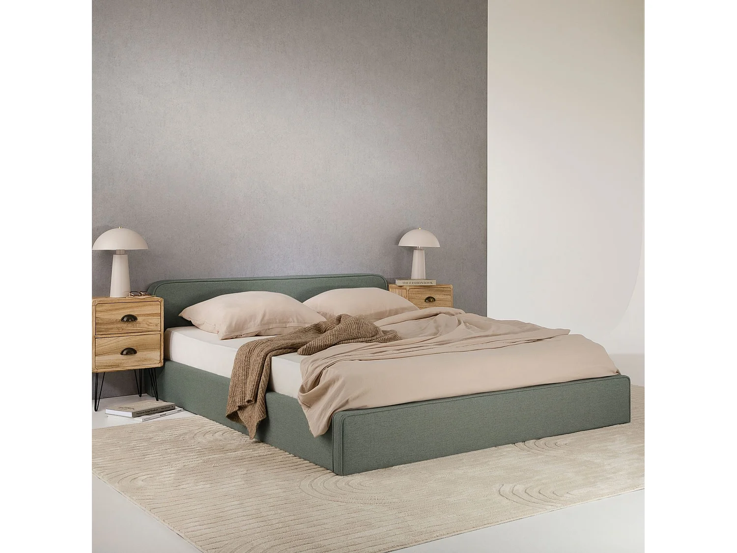 Lit double BELARTI 140x190 cm, Revêtement en Tissu Vert, Lit style moderne pour 2 personnes, Cadre de lit avec sommier inclus