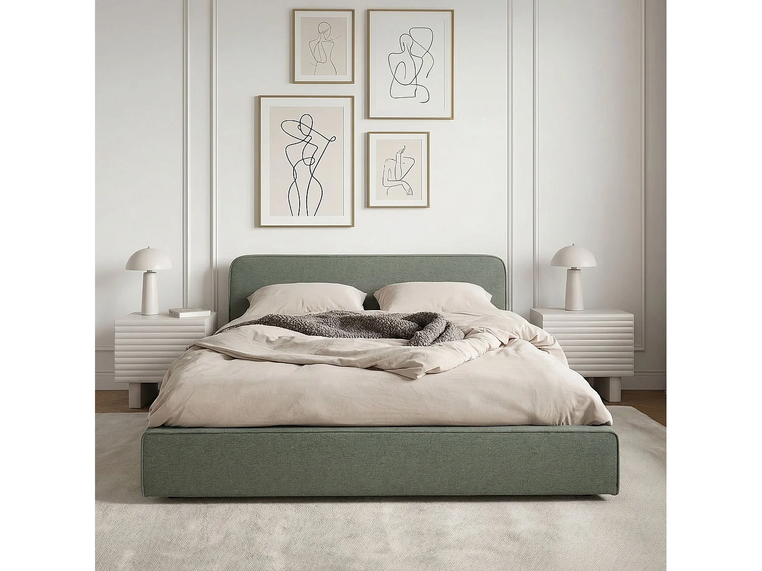 Lit double BELARTI 140x190 cm rembourré, Revêtement en Tissu Vert, Lit style moderne pour 2 personnes, sommier inclus