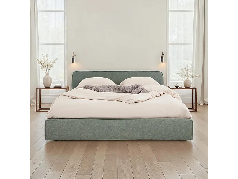 Lit double BELARTI 140x190 cm, Revêtement en Tissu Vert, Lit style moderne pour 2 personnes, Cadre de lit avec sommier inclus