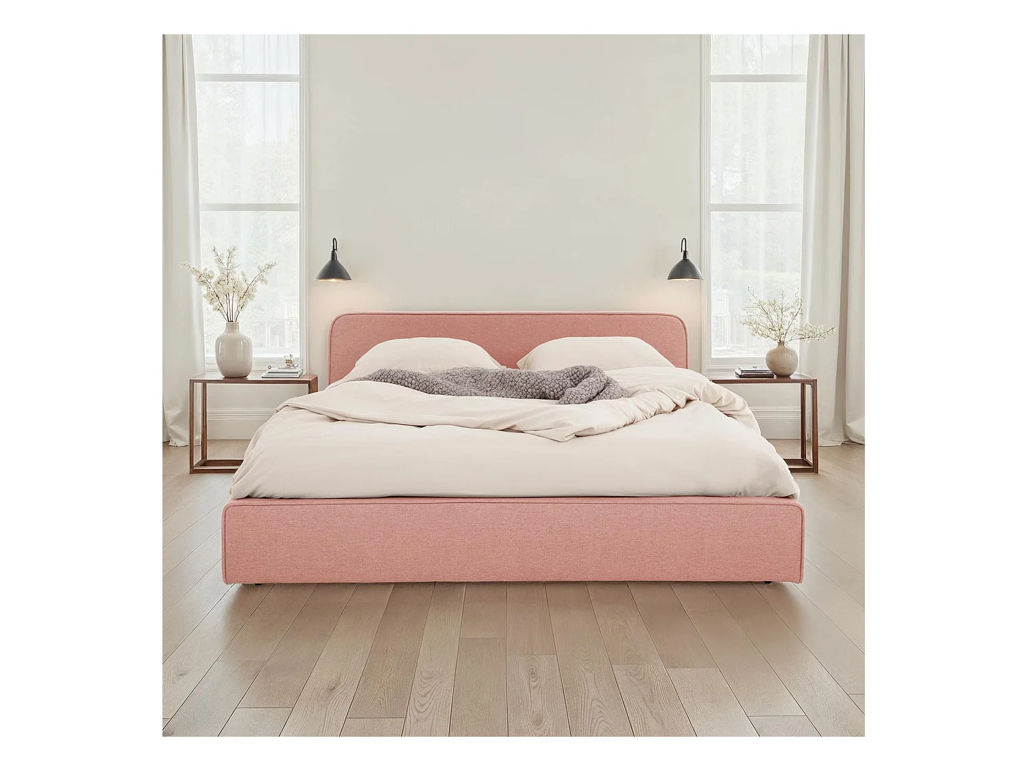 Lit double BELARTI 140x190 cm, Revêtement en tissu Rose, Lit style moderne pour 2 personnes, Cadre avec sommier inclus