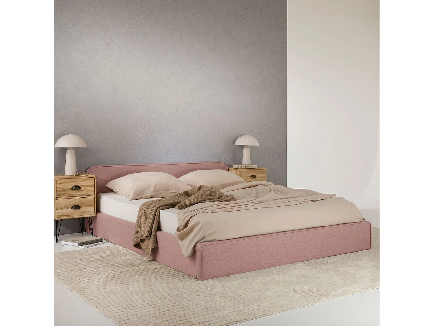 Lit double BELARTI 140x190 cm, Revêtement en tissu Rose, Lit style moderne pour 2 personnes, Cadre avec sommier inclus