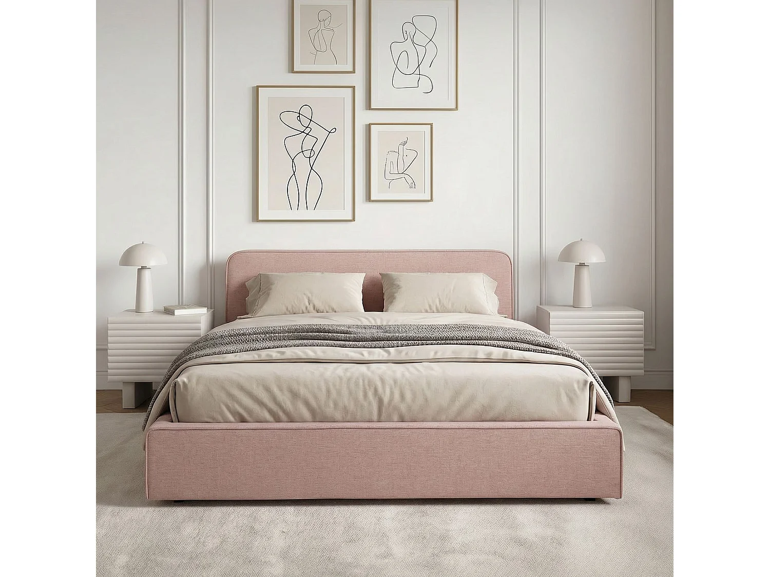 Lit double BELARTI 140x190 cm rembourré, Revêtement en tissu Rose, Lit style moderne pour 2 personnes, Cadre avec sommier inclus