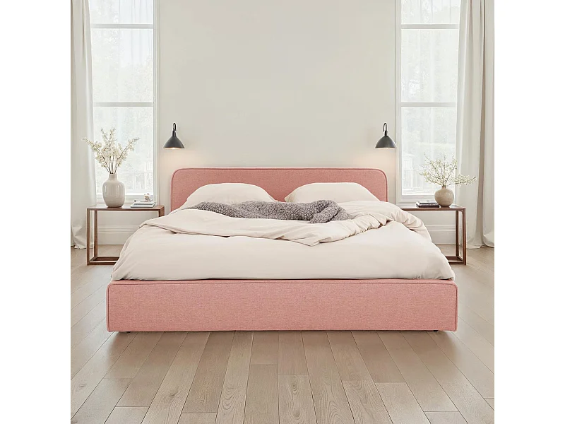 Lit double BELARTI 140x190 cm, Revêtement en tissu Rose, Lit style moderne pour 2 personnes, Cadre avec sommier inclus