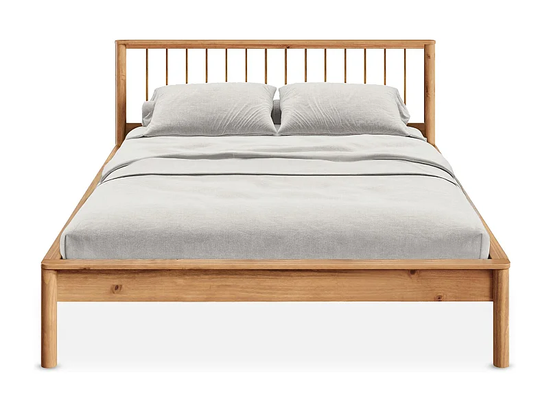 Lit 140 x 190 avec sommier APOANA en bois massif coloris chêne, cadre robuste avec tête de lit à barreaux