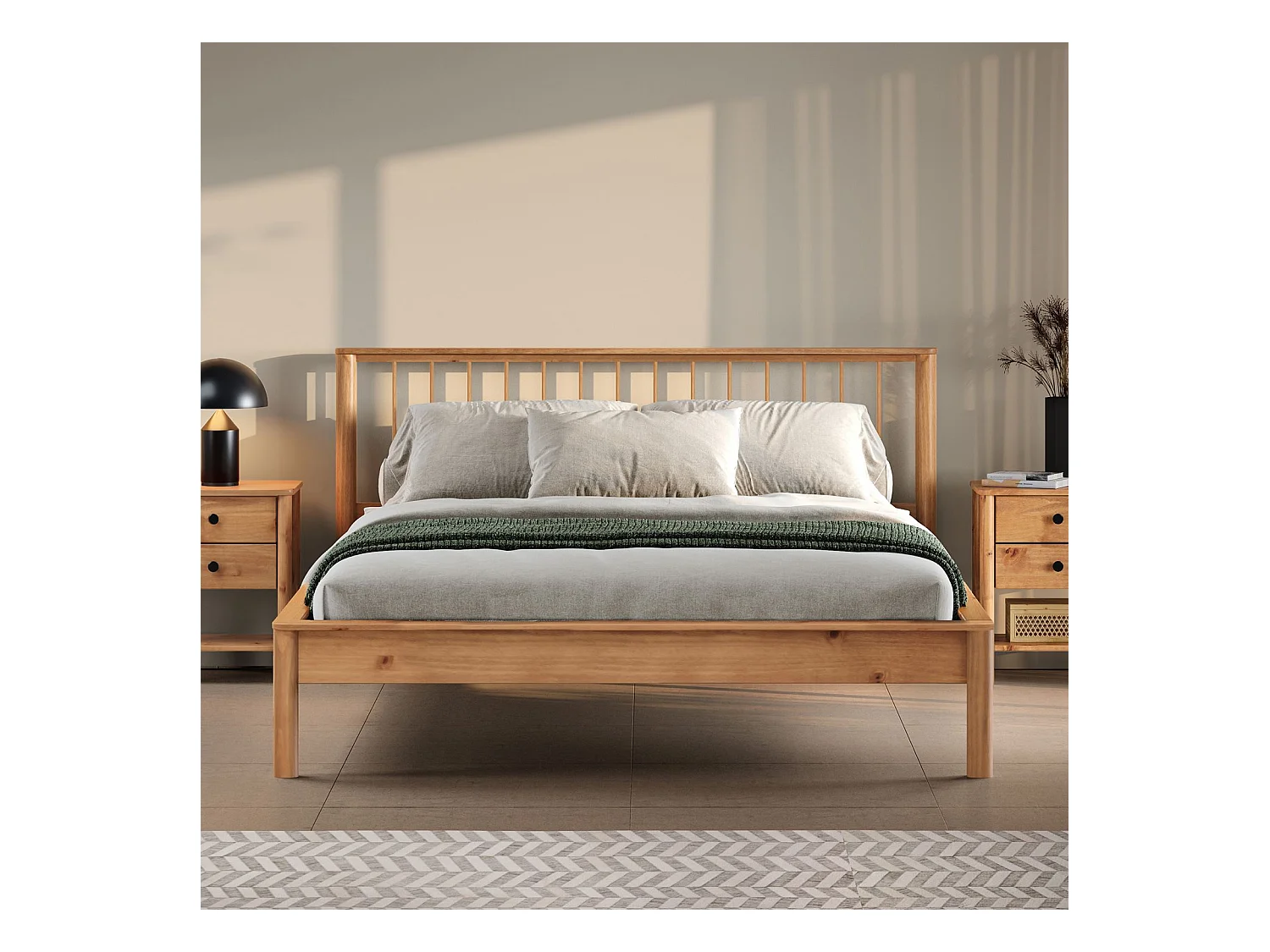 Lit 140 x 190 avec sommier APOANA en bois massif coloris chêne, cadre robuste avec tête de lit à barreaux