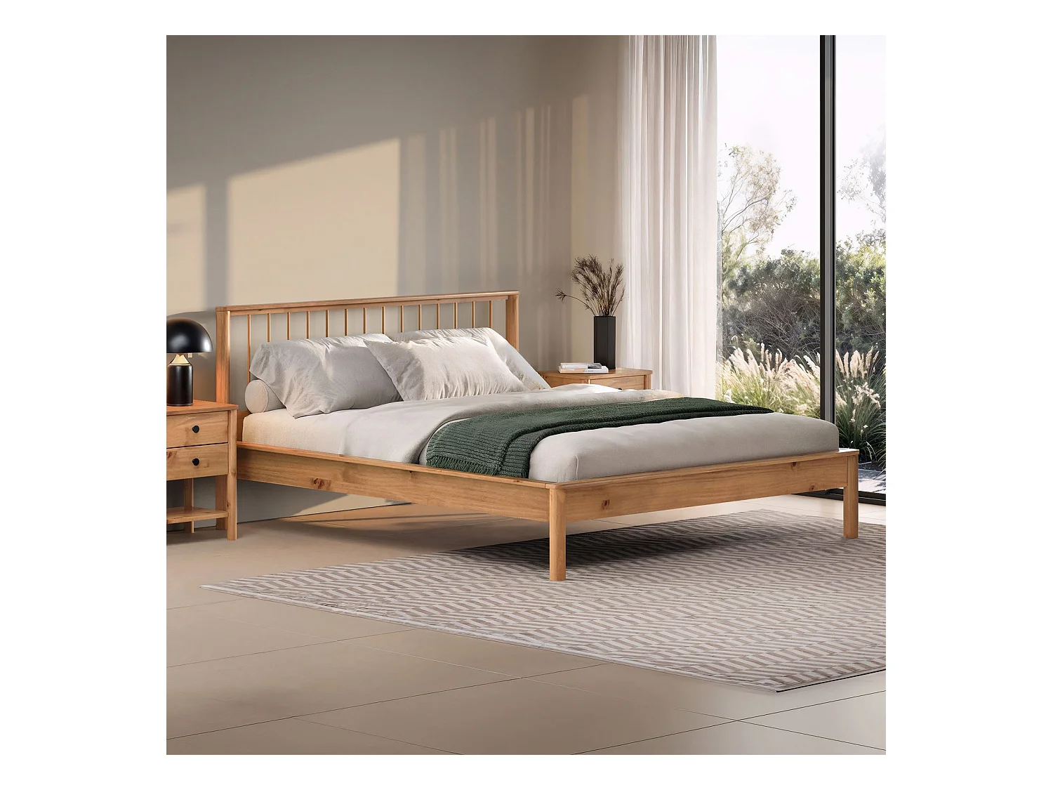 Lit 140 x 190 avec sommier APOANA en bois massif coloris chêne, cadre robuste avec tête de lit à barreaux